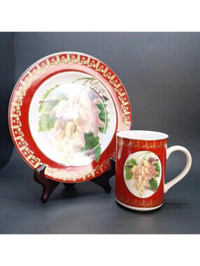Royal Fruit  American Atelier Red White Grapes Gold  Porcelain Mug Lunch Plate